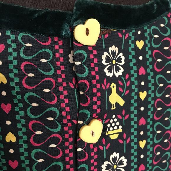 Vintage Scandinavian Bird Print Dress, Dark Cottagecore Puff Sleeve Dress, Sz M - Picture 8 of 10